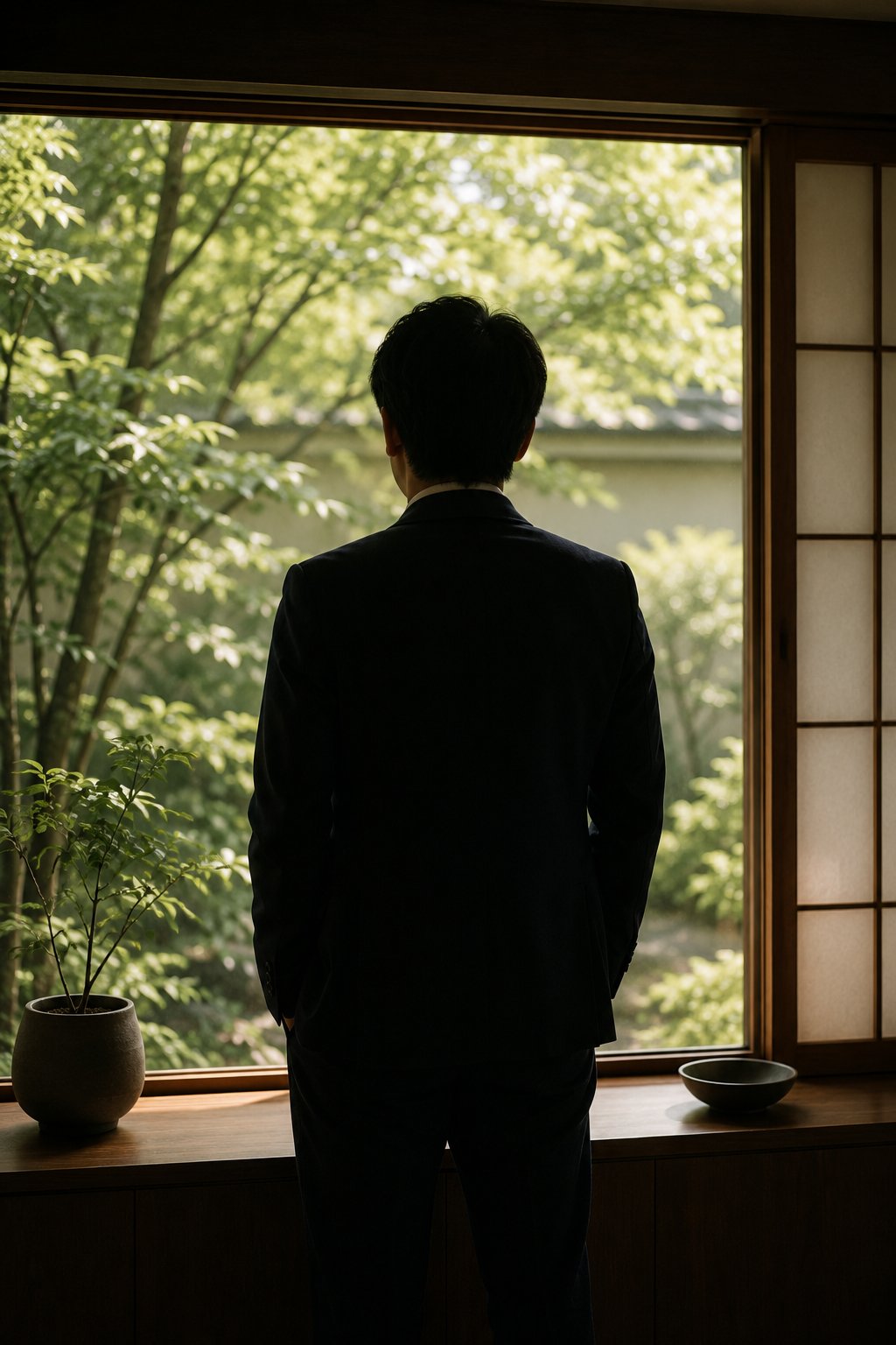 窓辺で庭を見る後ろ姿