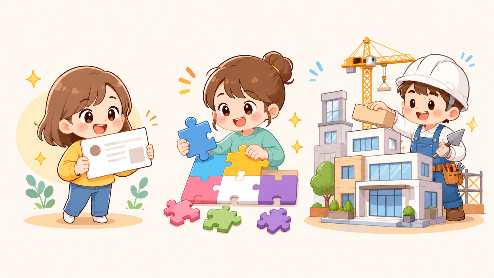 ペライチ・Wix・WordPressの特徴を表すキャラクターイラスト