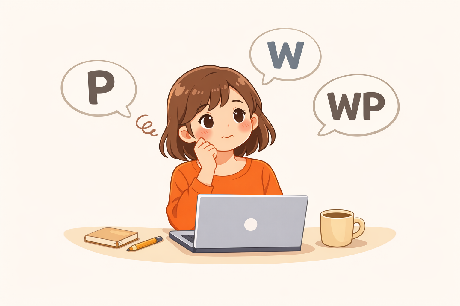 ペライチ・Wix・WordPressで迷う女性のイラスト